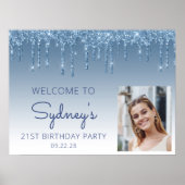 カスタムフォトブルーグリッター21歳の誕生日へようこそ ポスター (正面)