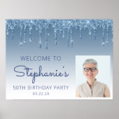 カスタムフォトブルーグリッター50th誕生日へようこそ ポスター (正面)