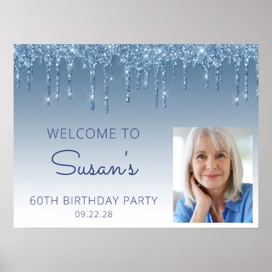カスタムフォトブルーグリッター60th誕生日へようこそ ポスター (正面)