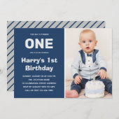 カスタムフォトブルーグレー |男の子1歳の誕生日 招待状 (正面/裏面)