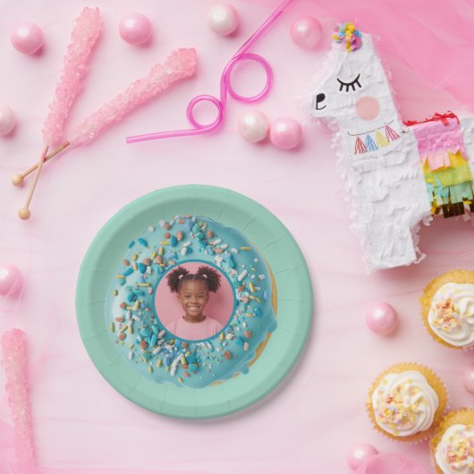 カスタムフォトブルードーナツ振りかける誕生日パーティー ペーパープレート (パーティー)