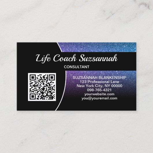 カスタムフォトブルーパープルグリッターQRプロフェッショナル 名刺 (正面)
