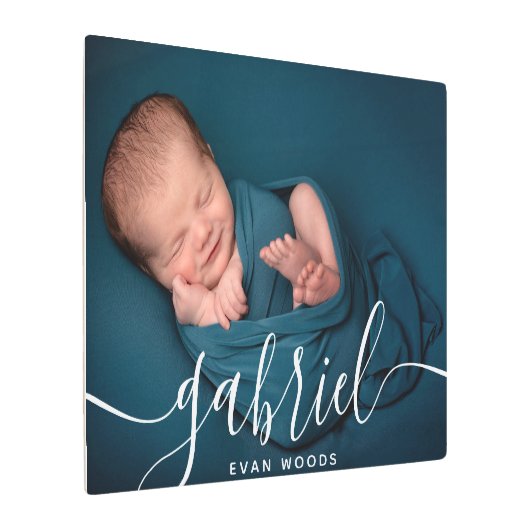 カスタムフォトベビー名テンプレートパーソナライズされたベビー メタルプリント (アングル)