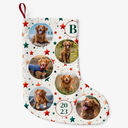 カスタムフォトペットドッグレトロスターズ模様モノグラム スモールクリスマスストッキング (正面)