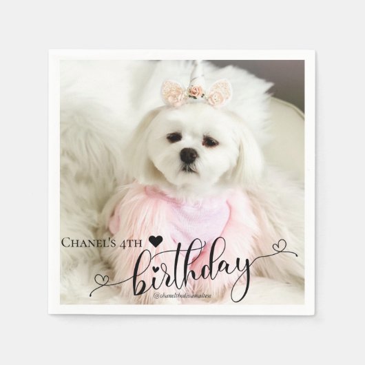 カスタムフォトペットドッグ誕生日タイポグラフィブラック スタンダードカクテルナプキン (正面)