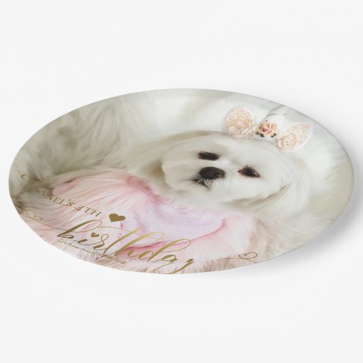 カスタムフォトペットドッグ誕生日タイポグラフィ金ゴールド ペーパープレート (アングル)