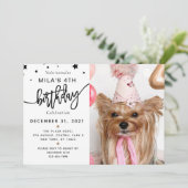 カスタムフォトペットドッグ誕生日パーティブラック 招待状 (スタンド正面)