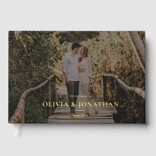 カスタムフォトミニマルブラックフォイル金ゴールド結婚ズ ゲストブック (正面)