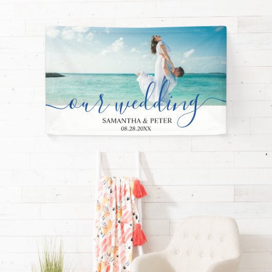カスタムフォトモダンビーチ結婚式ゲストブック 横断幕 (インサイチュ)