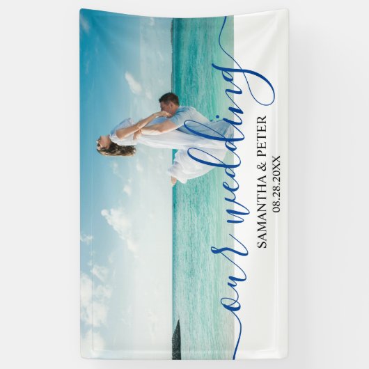 カスタムフォトモダンビーチ結婚式ゲストブック 横断幕 (縦)