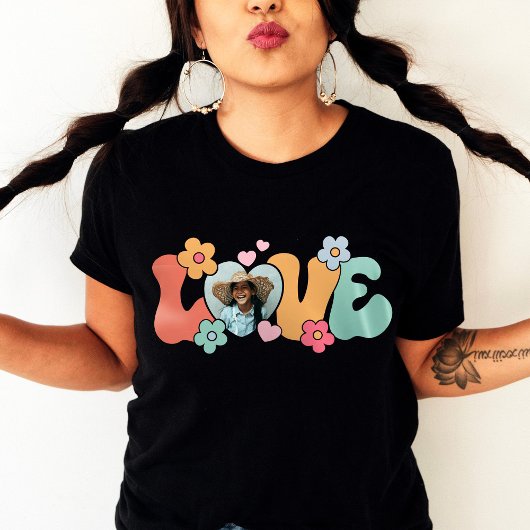 カスタムフォトラブハートフラワーヒッピー Tシャツ