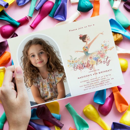 カスタムフォトリトルバレリーナとフローラ誕生日 招待状