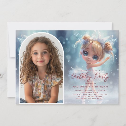 カスタムフォトリトルバレリーナとブルー誕生日 招待状 (正面)