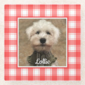 カスタムフォトレッド&ホワイトカントリーファームハウスプレイド ガラスコースター (正面)