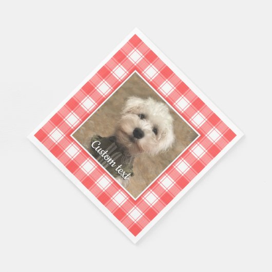 カスタムフォトレッド&ホワイトカントリーファームハウスプレイド スタンダードランチョンナプキン (角)