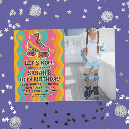 カスタムフォトローラースケートで滑るガールバースデーパーティー 招待状