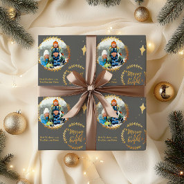 カスタムフォト入り Merry & Bright - ゴールドとグレー ラッピングペーパー