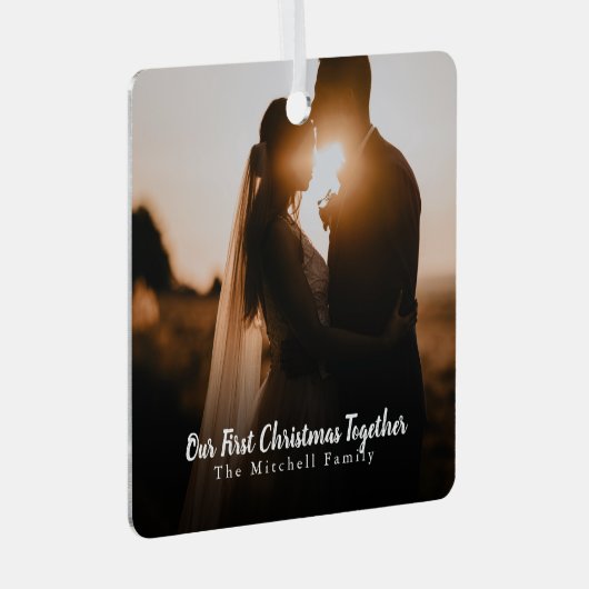 カスタムフォト文字が初めてのクリスマスを結合 メタルオーナメント (正面右)