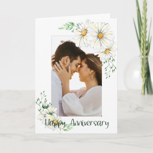 カスタムフォト白デイジー記念日あいさつ カード (正面)