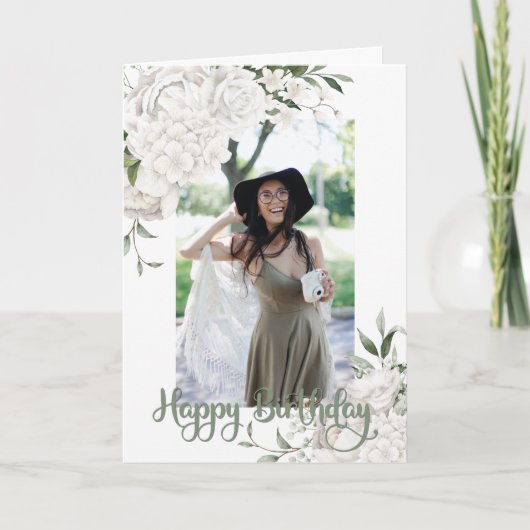 カスタムフォト白フローラ誕生日挨拶 カード (正面)