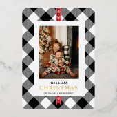 カスタムフォト白黒タータンチェックプレイドクリスマス 箔シーズンカード (正面)