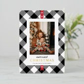 カスタムフォト白黒タータンチェックプレイドクリスマス 箔シーズンカード (立ち正面)