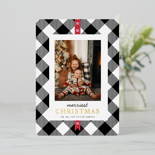 カスタムフォト白黒タータンチェックプレイドクリスマス 箔シーズンカード (立ち正面)