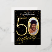 カスタムフォト紙吹雪ブラック金ゴールド50誕生日 箔招待状ポストカード (正面/裏面)