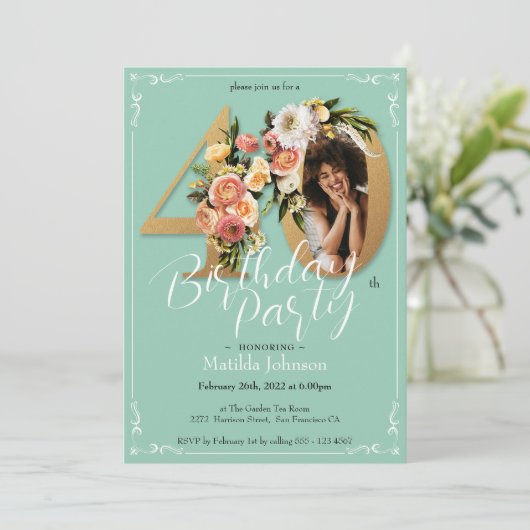 カスタムフォト金ゴールドミントフローラ40歳の誕生日 招待状 (スタンド正面)