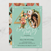 カスタムフォト金ゴールドミントフローラ40歳の誕生日 招待状 (正面/裏面)