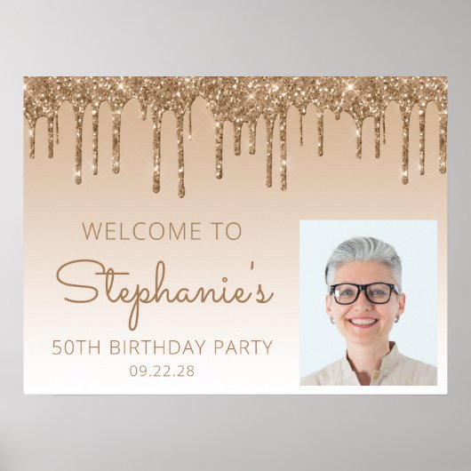 カスタムフォト金ゴールド50th誕生日へようこそ ポスター (正面)