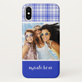 カスタムフォト&ネームブルーホワイトプレイド2 iPhone X ケース