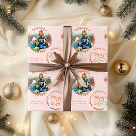 カスタムフォト ピンクとローズゴールドの Merry and Bright ラッピングペーパー