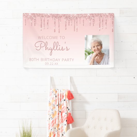 カスタムフォト ピンクグリッター ドリップ 80歳の誕生日パーティー 横断幕 (インサイチュ)
