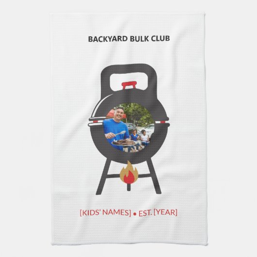 カスタムフォト ブラックケトルベルBBQ ダッドグリル バッジ キッチンタオル (縦)