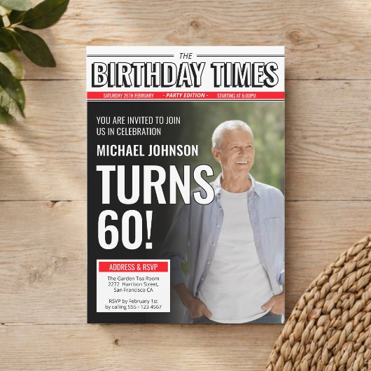 カスタムフォト モダン新聞表紙 60歳の誕生日 招待状