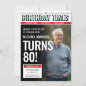 カスタムフォト モダン新聞表紙 80歳の誕生日 招待状 (正面)