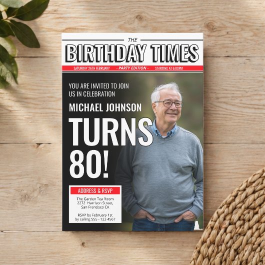 カスタムフォト モダン新聞表紙 80歳の誕生日 招待状