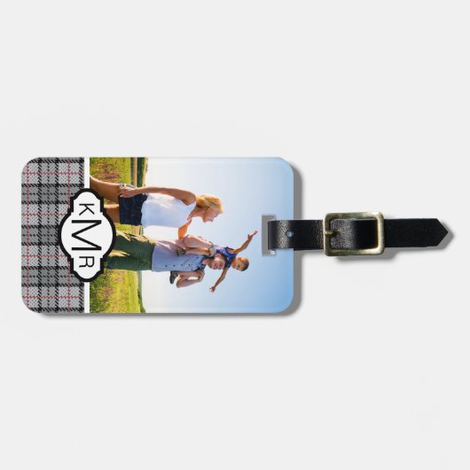 カスタムフォト&モノグラムピクセルプレード(グレー&レッド) ラゲッジタグ (正面横)