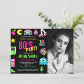 カスタムフォト レトロ ネオン 80's バースデーパーティー 招待状 (スタンド正面)