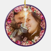 カスタムフォト ヴィンテージ モダン フラワー ストライプ ウェディング セラミックオーナメント (裏面)
