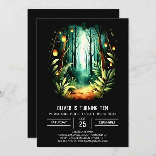 カスタムフォレストウお洒落ッドランド誕生日 招待状 (正面/裏面)
