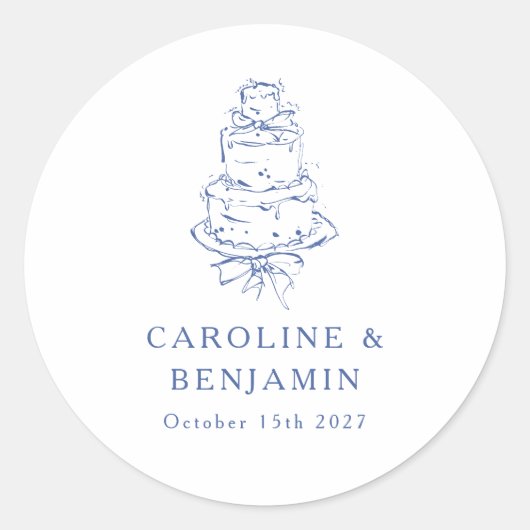 カスタムフランスのブルードードルミニマル結婚リストケーキ ラウンドシール (正面)