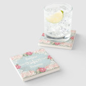 カスタムフランスの文字ホワイトレースのボタニカルアート ストーンコースター (横)