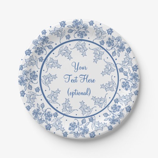 カスタムフローラインジゴオンホワイト縁ど紙プレート ペーパープレート (正面)