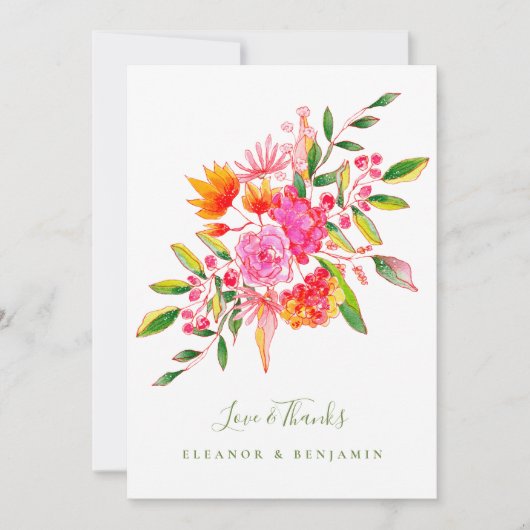 カスタムフローラピンク緑の写真結婚の サンキューカード (正面)