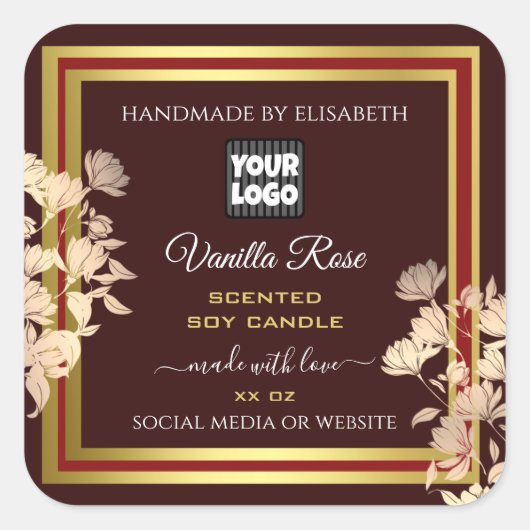 カスタムフローラロゴ製品ラベルBurgundy金ゴールド スクエアシール (正面)