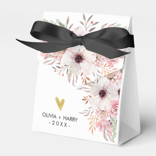 カスタムフローラ金ゴールドハート結婚式の引き出物ボックス | ヘビーホワイト フェイバーボックス (正面サイド)