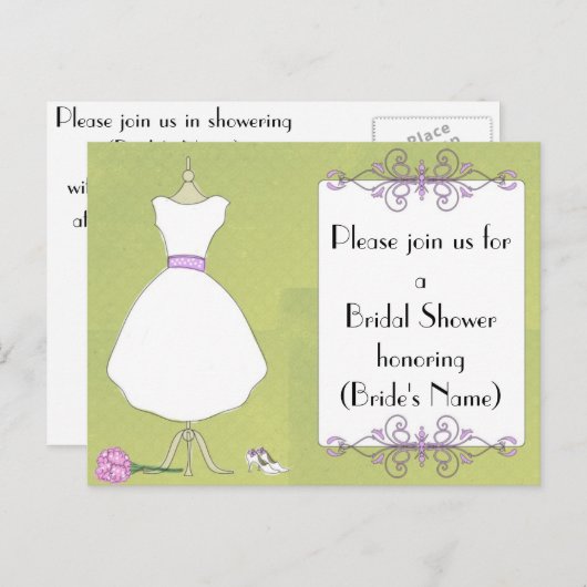 カスタムブライダルシャワー招待 – シックなドレス型枠 インビテーションポストカード (正面/裏面)