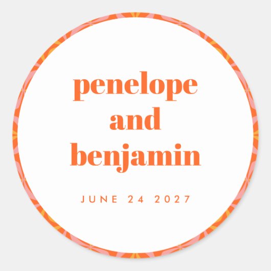 カスタムブライトオレンジレトロ結婚タイポグラフィ名 ラウンドシール (正面)